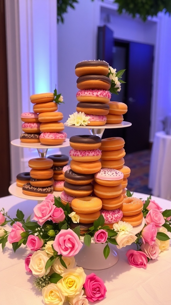 A stunning wedding display of assorted donuts on tiered stands with flowers.
